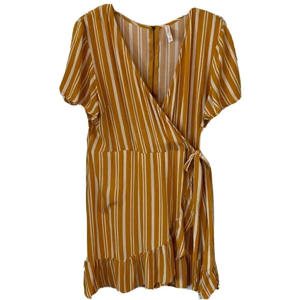 Xhilaration Womens XXL Faux Wrap Sunflower Yellow White Striped Ruffle Hem Dress